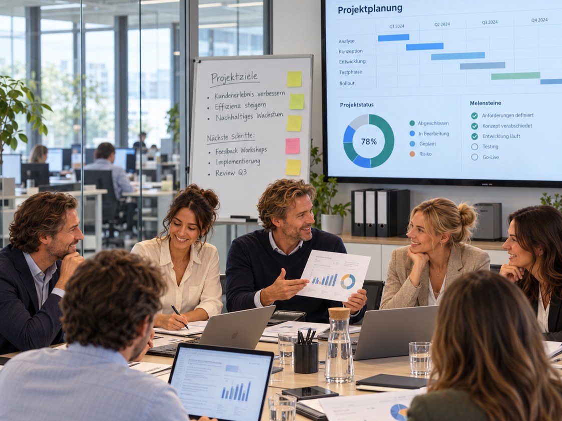 Team bespricht bei einem Meeting im Büro die Projektplanung