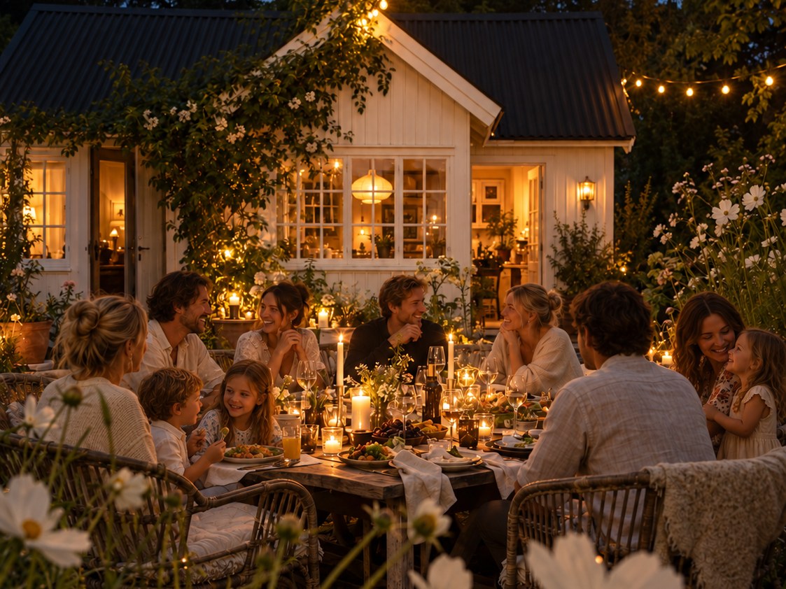 Familie mit Kindern beim gemeinsamen Abendessen bei Kerzenschein im Garten vor einem hell erleuchteten Haus